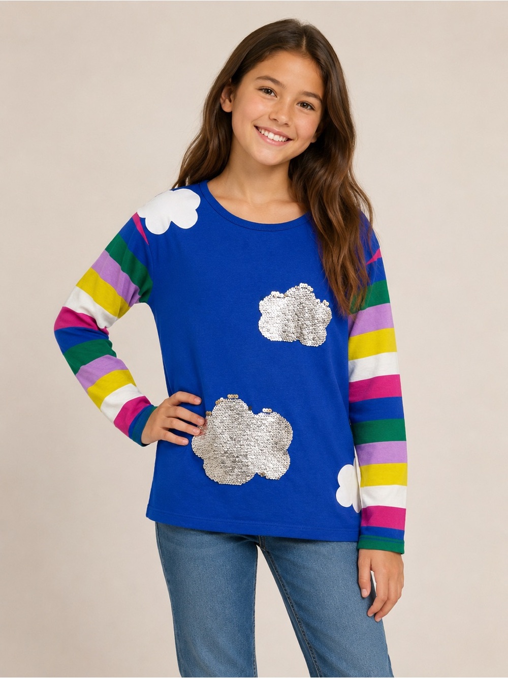Mini Boden Girls 9-10Y Blue Rainbow Stripe Sequin Cloud Long Sleeve Top